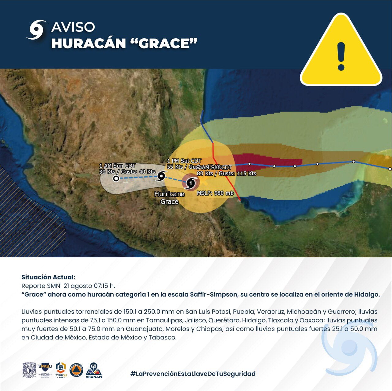 Grace avanza sobre Hidalgo todavía como huracán; va hacia Pachuca