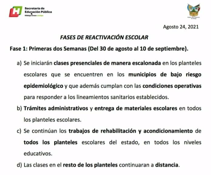 Autorizan retorno a clases presenciales en Hidalgo, estos municipios regresarán a las aulas