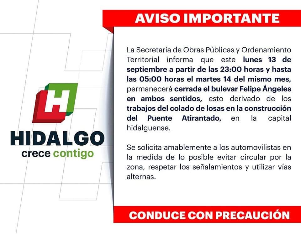 Cerrarán bulevar Felipe Ángeles de Pachuca en ambos sentidos por obras del puente atirantado