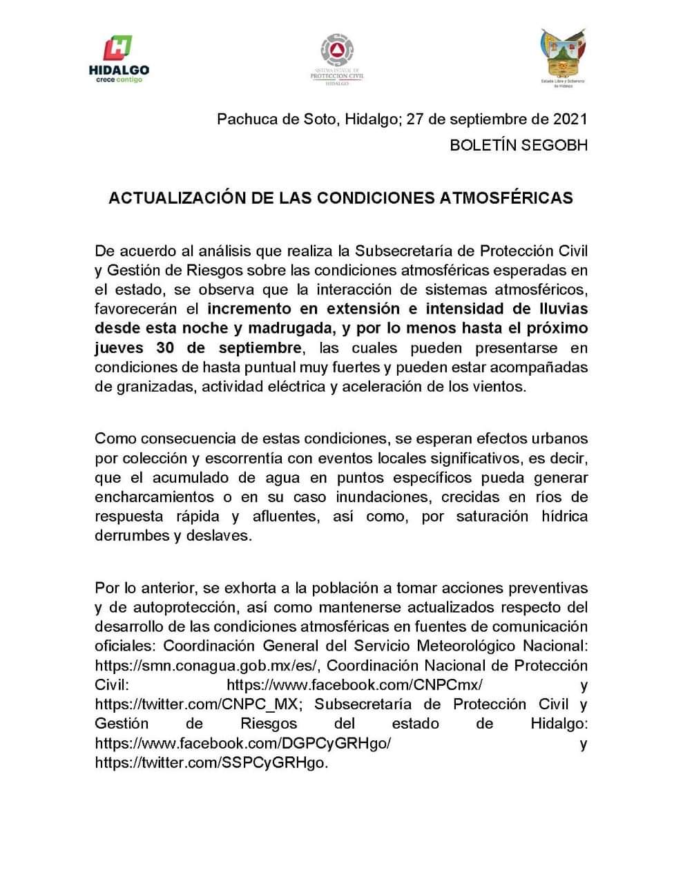 Emiten aviso para Hidalgo por condiciones atmosféricas que podrían provocar inundaciones