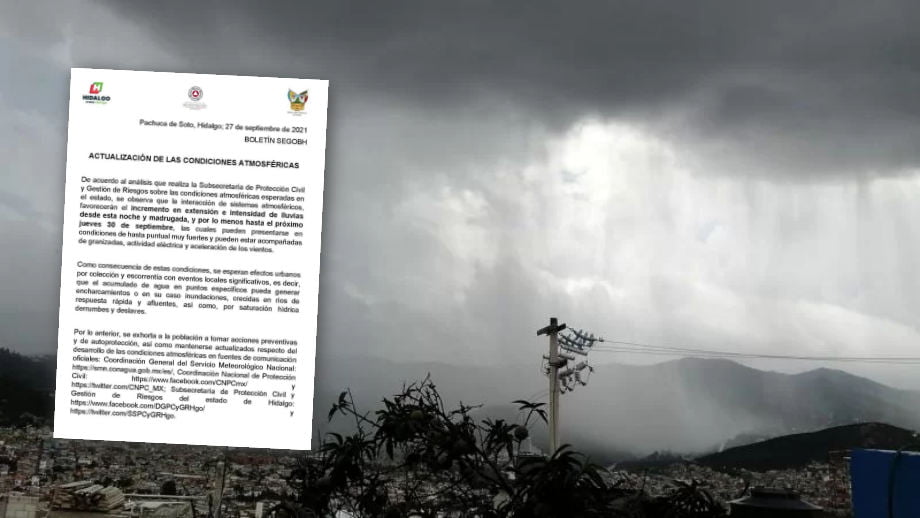 Emiten aviso para Hidalgo por condiciones atmosféricas que podrían provocar inundaciones