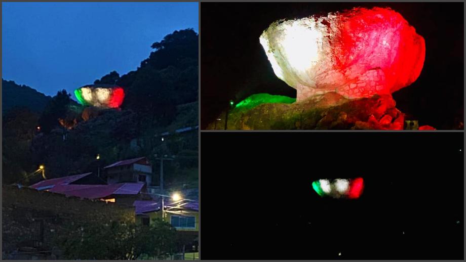 Así luce la Piedra del Comal de Omitlán con su nueva iluminación patria