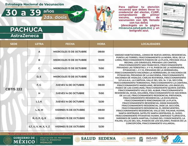 Días, horarios y sedes de aplicación de segunda dosis a personas de 30 a 39 años en Pachuca