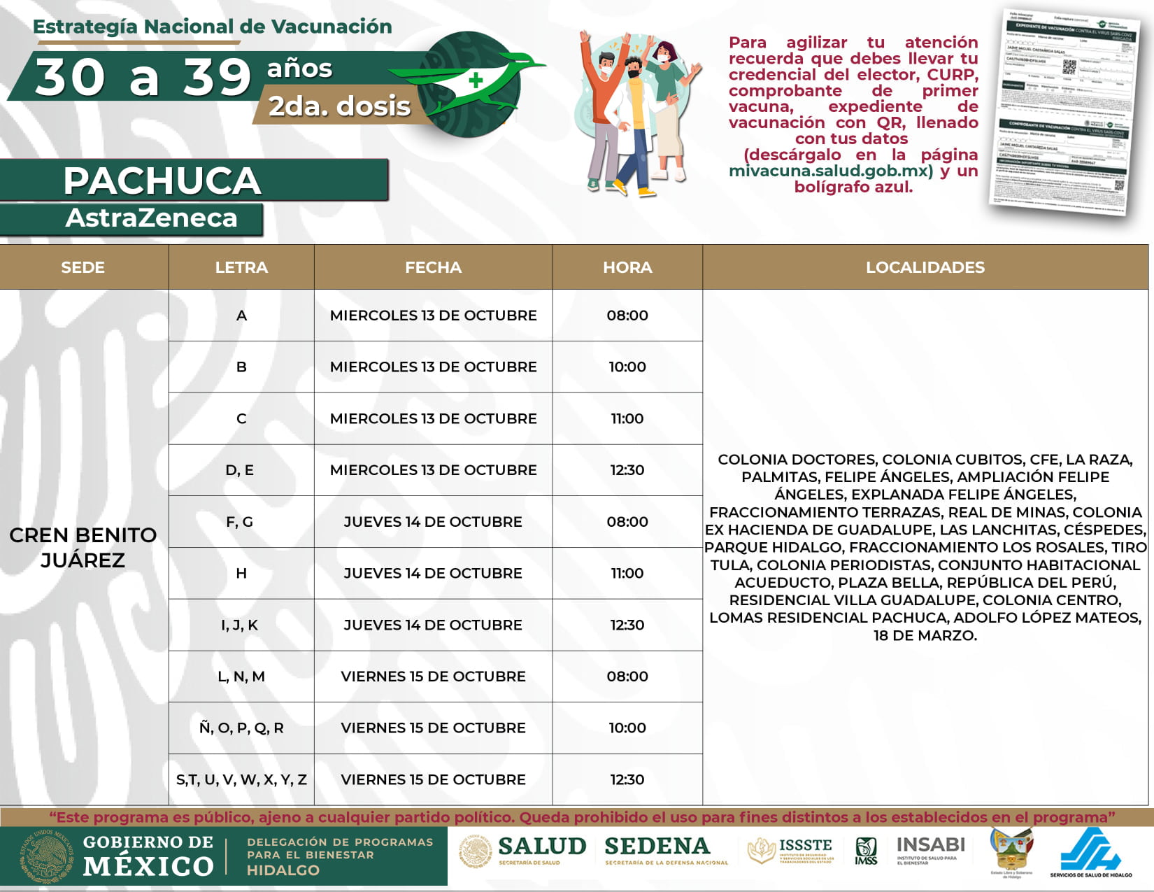 Días, horarios y sedes de aplicación de segunda dosis a personas de 30 a 39 años en Pachuca