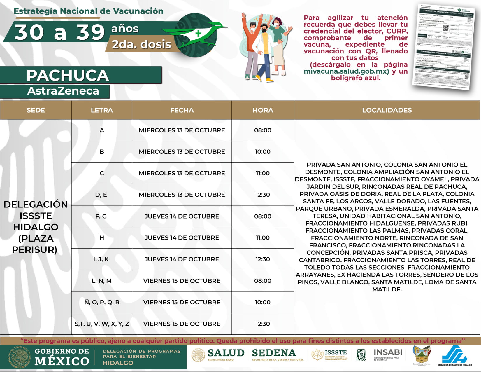 Días, horarios y sedes de aplicación de segunda dosis a personas de 30 a 39 años en Pachuca