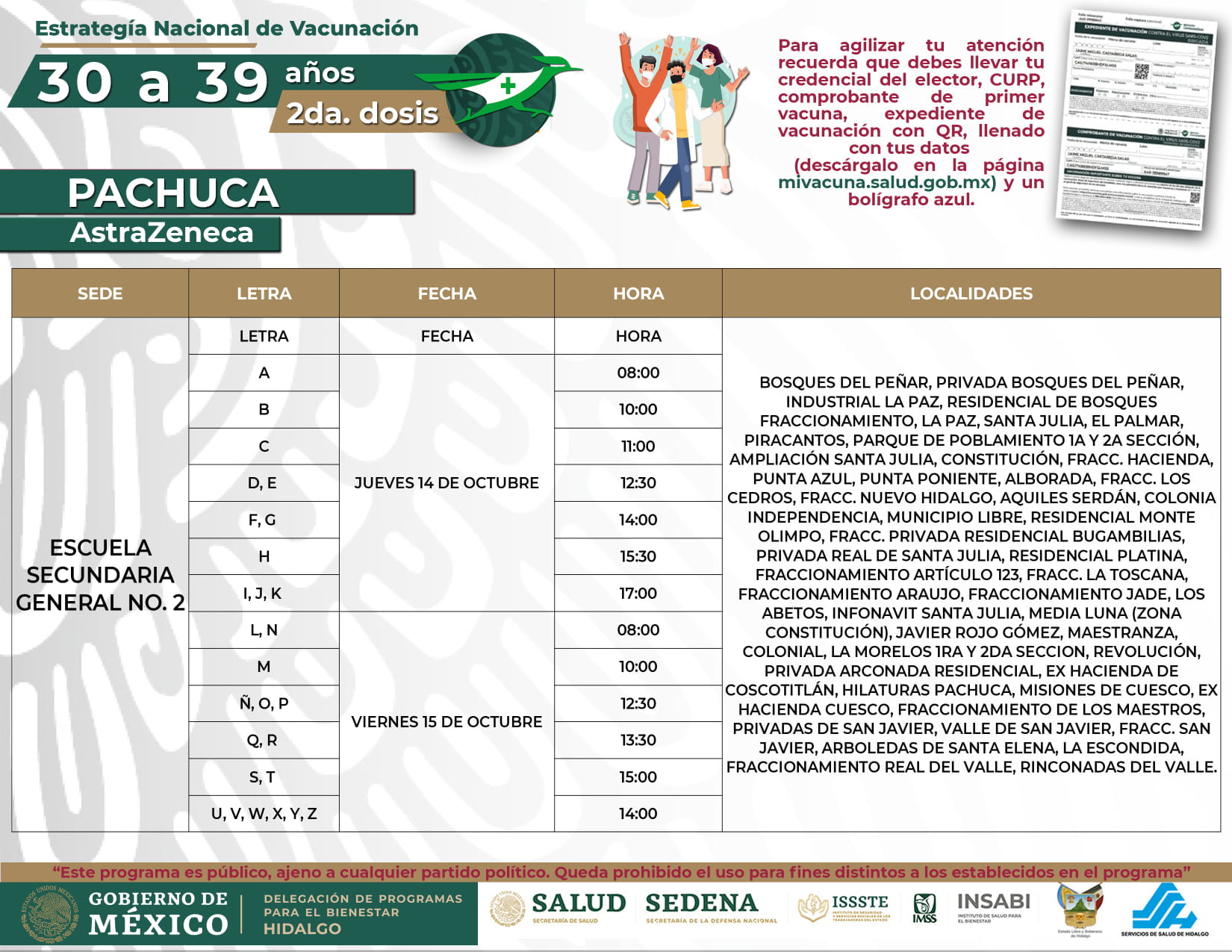 Días, horarios y sedes de aplicación de segunda dosis a personas de 30 a 39 años en Pachuca