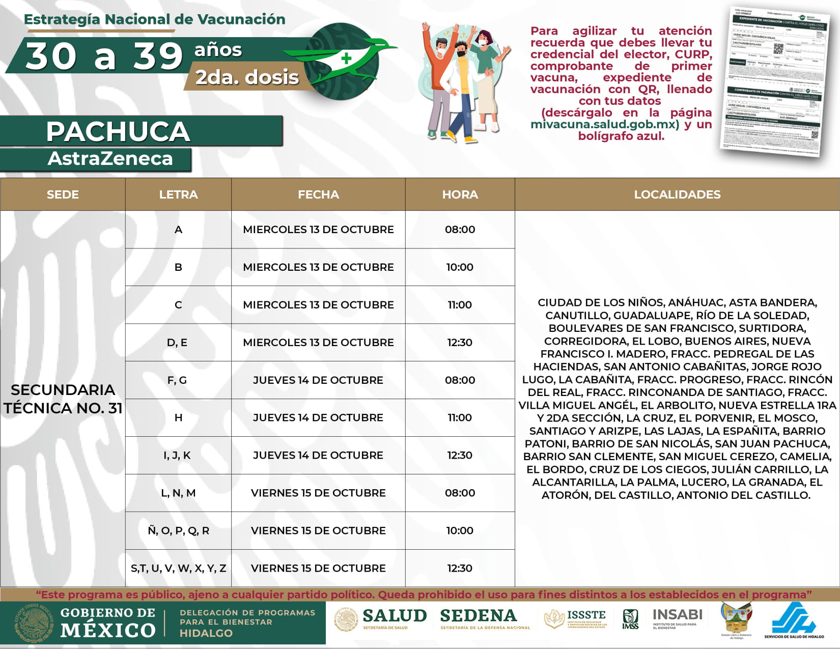 Días, horarios y sedes de aplicación de segunda dosis a personas de 30 a 39 años en Pachuca