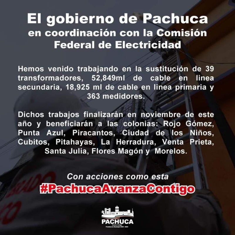 Cambiarán cableado, transformadores y medidores eléctricos en estas 11 colonias de Pachuca