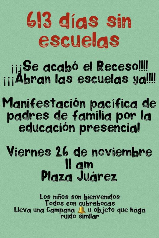 Convocan a manifestación en Pachuca para exigir reapertura de escuelas