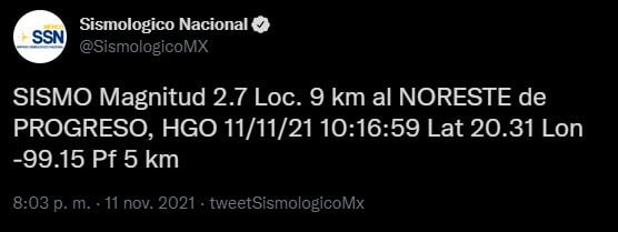 Se registra sismo en Hidalgo: epicentro en Progreso de Obregón