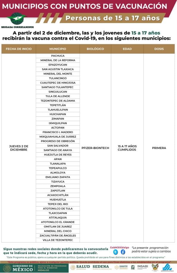 Anuncian fecha de vacunación para jóvenes de 15 a 17 años en Pachuca y otros municipios