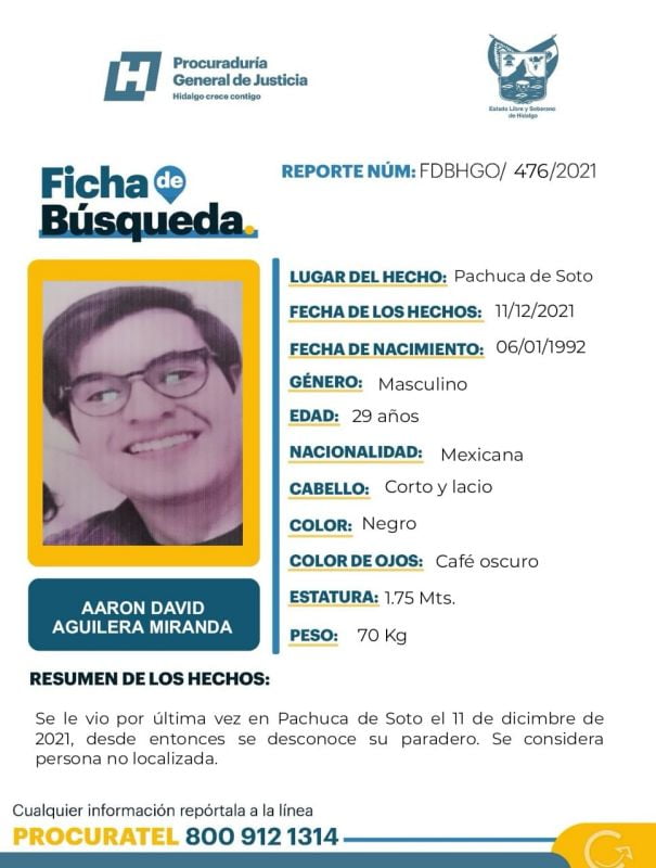 Activan alerta de búsqueda por hombre desaparecido en Pachuca