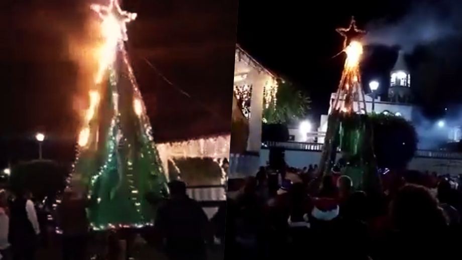 Se pasó de encendido, árbol navideño se incendia en localidad de Tula (video)