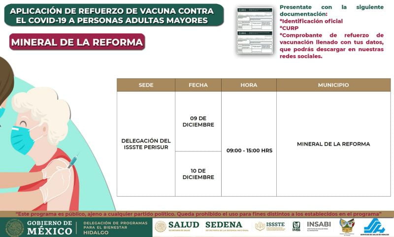 Sedes, días y horarios para aplicación de refuerzo a mayores de 60 años en Pachuca