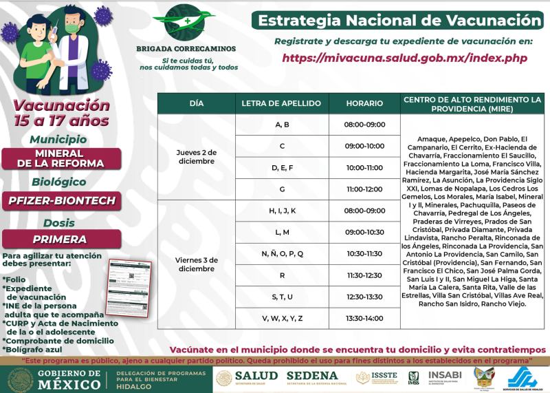 Días, sedes y horarios de vacunación para 15-17 años en Pachuca y Mineral de la Reforma