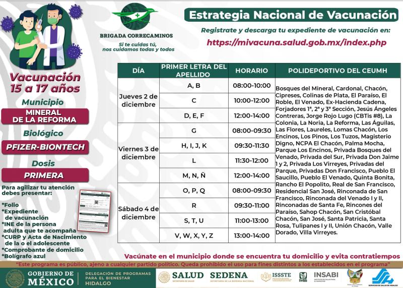 Días, sedes y horarios de vacunación para 15-17 años en Pachuca y Mineral de la Reforma