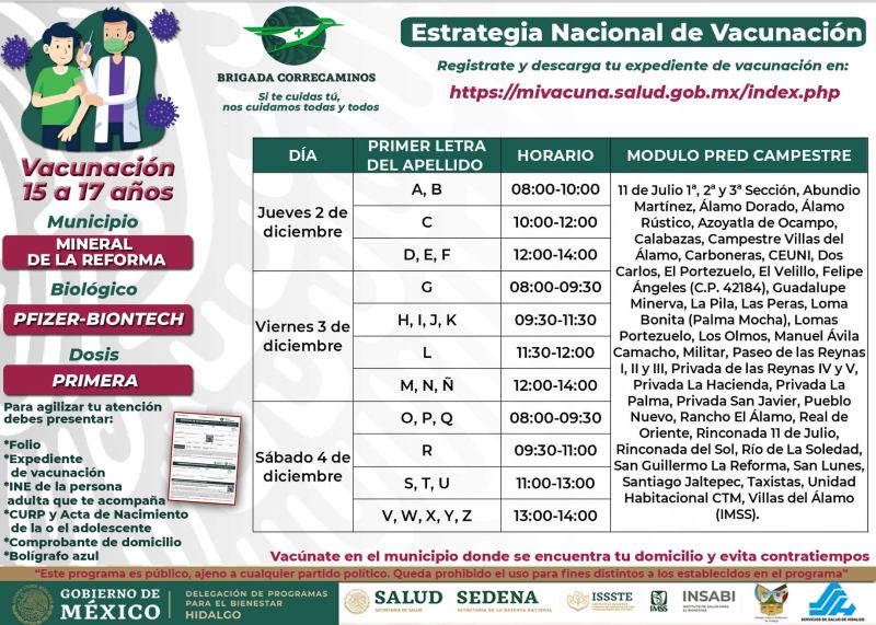 Días, sedes y horarios de vacunación para 15-17 años en Pachuca y Mineral de la Reforma