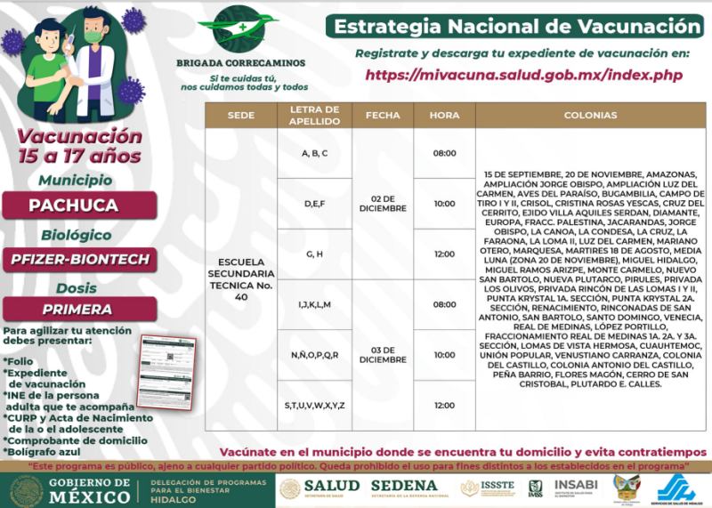 Días, sedes y horarios de vacunación para 15-17 años en Pachuca y Mineral de la Reforma