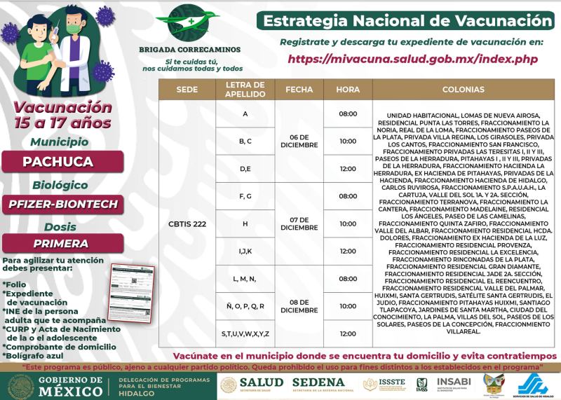 Días, sedes y horarios de vacunación para 15-17 años en Pachuca y Mineral de la Reforma