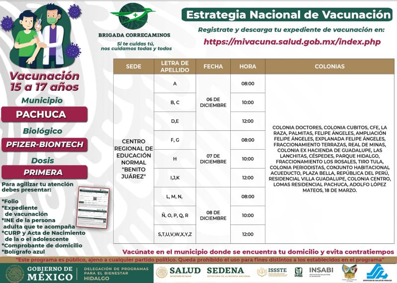 Días, sedes y horarios de vacunación para 15-17 años en Pachuca y Mineral de la Reforma