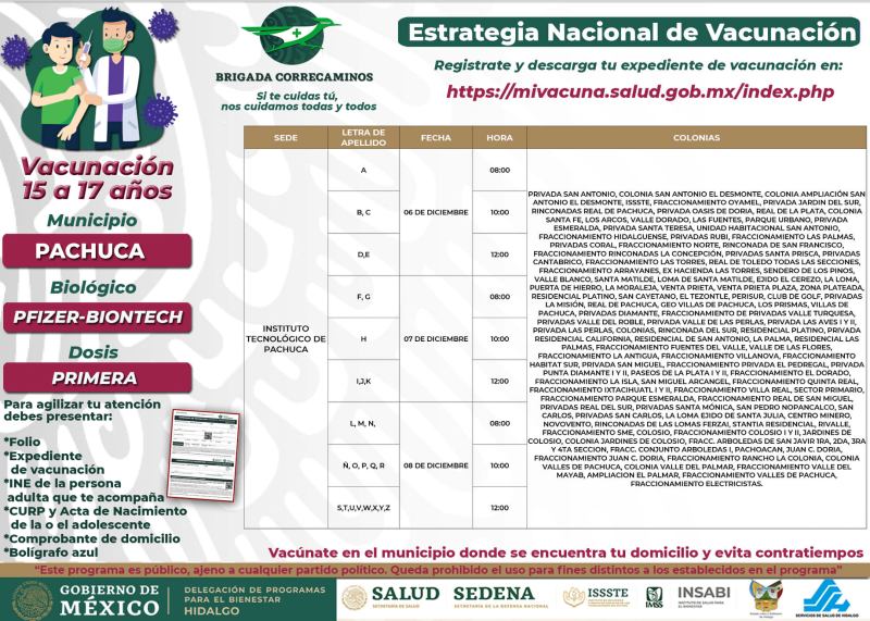 Días, sedes y horarios de vacunación para 15-17 años en Pachuca y Mineral de la Reforma