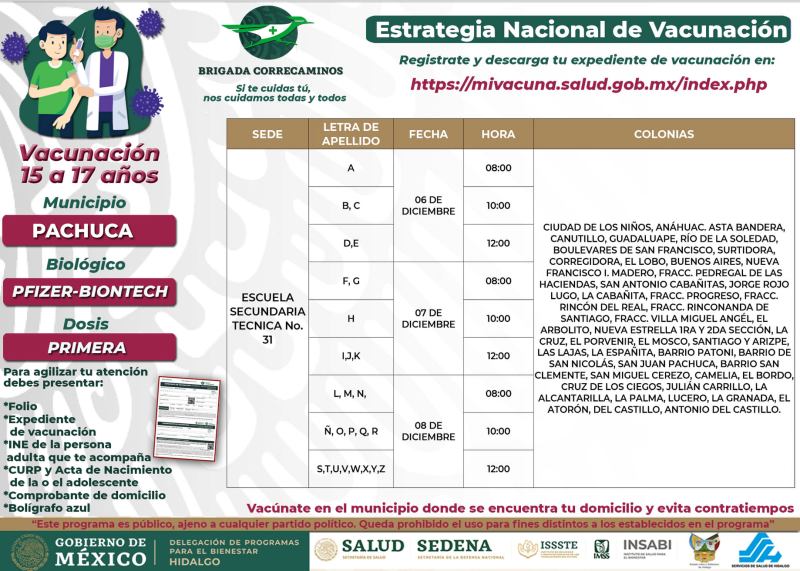 Días, sedes y horarios de vacunación para 15-17 años en Pachuca y Mineral de la Reforma