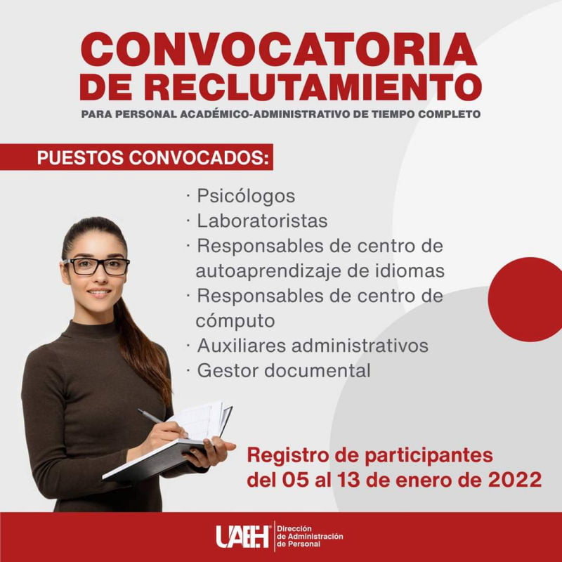 Lanza UAEH convocatoria de reclutamiento de personal académico y administrativo