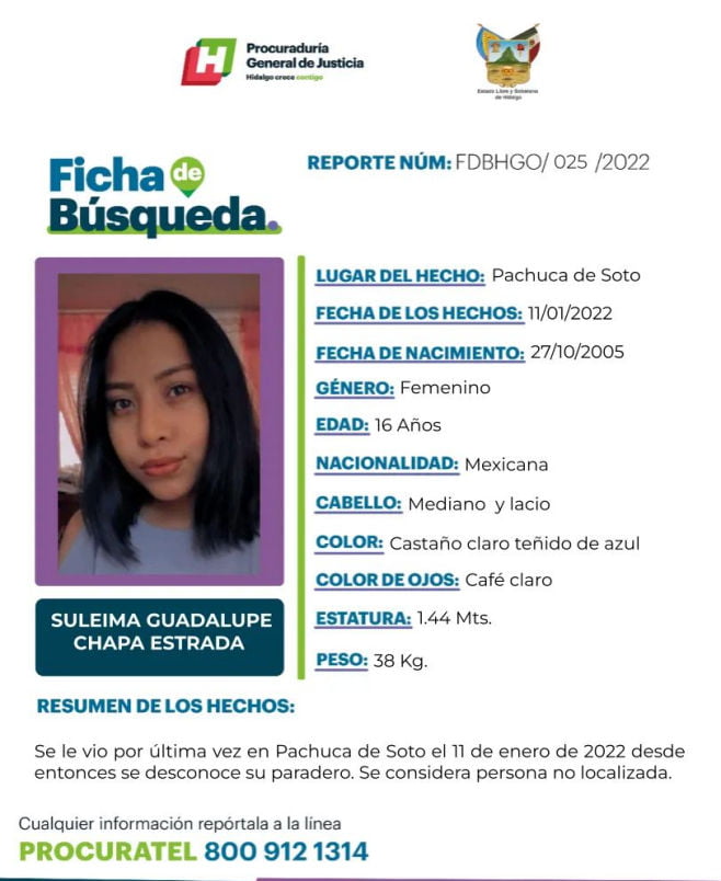 Activan alerta de búsqueda por adolescente desaparecida en Pachuca