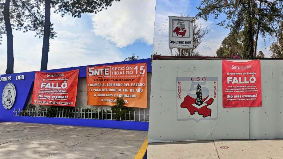 Sigue el paro de maestros en Hidalgo; continúan lonas en planteles esta semana
