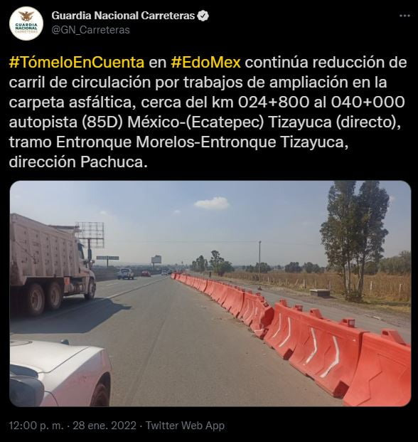 Continúa reducción de carriles en la México-Pachuca