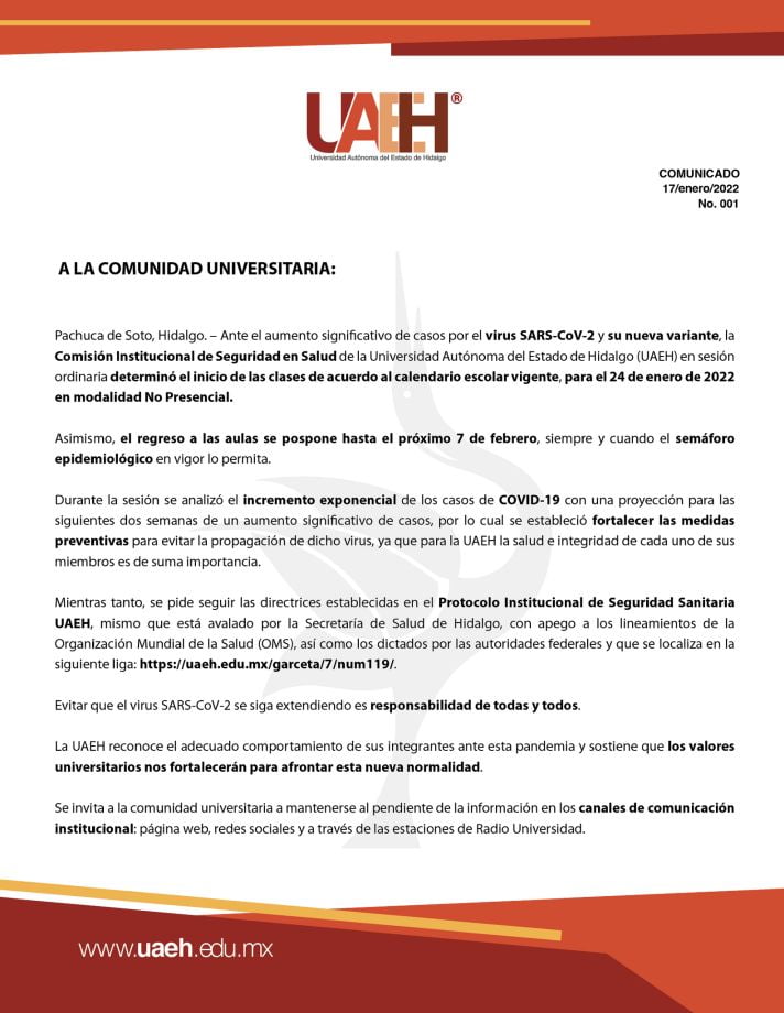 UAEH pospone retorno a clases presenciales hasta febrero