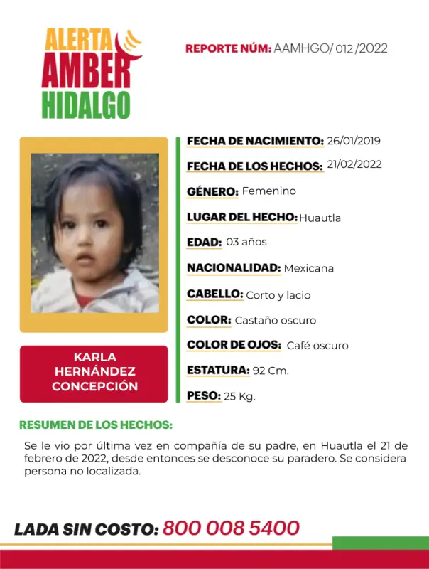 #AlertaAmber: Tiene 3 años y desapareció en Hidalgo