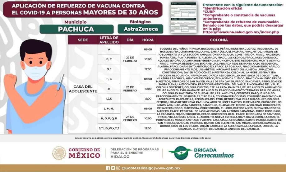 Aplicación de refuerzo para 30+ en Pachuca: días, sedes y horarios