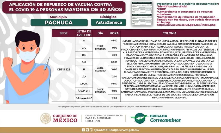 Aplicación de refuerzo para 30+ en Pachuca: días, sedes y horarios