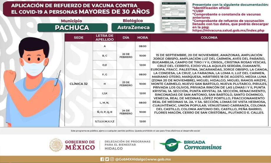 Aplicación de refuerzo para 30+ en Pachuca: días, sedes y horarios