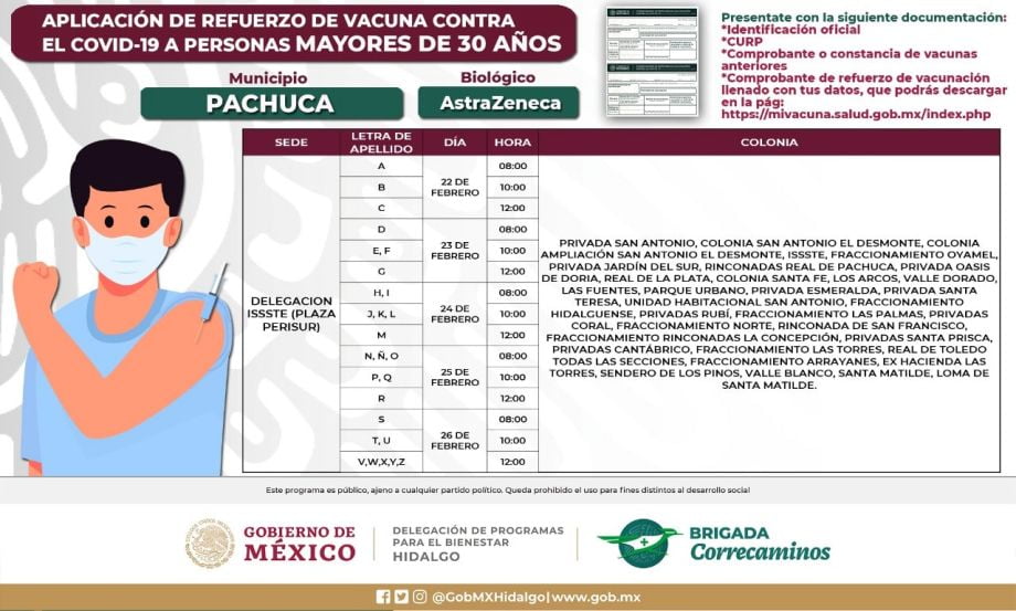 Aplicación de refuerzo para 30+ en Pachuca: días, sedes y horarios