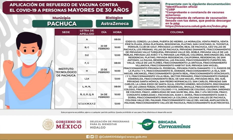 Aplicación de refuerzo para 30+ en Pachuca: días, sedes y horarios