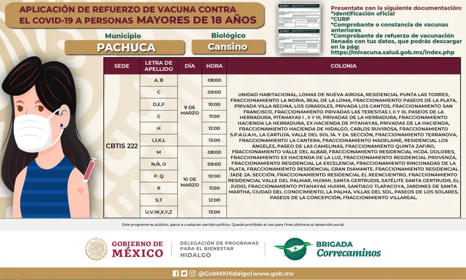 Aplicación de vacuna de refuerzo a 18+ en Pachuca: días, sedes y horarios