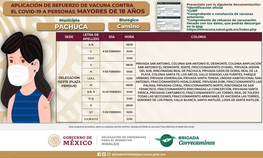 Aplicación de vacuna de refuerzo a 18+ en Pachuca: días, sedes y horarios