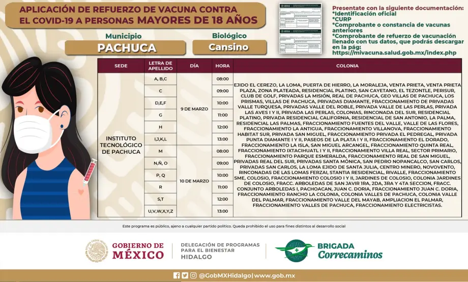 Aplicación de vacuna de refuerzo a 18+ en Pachuca: días, sedes y horarios