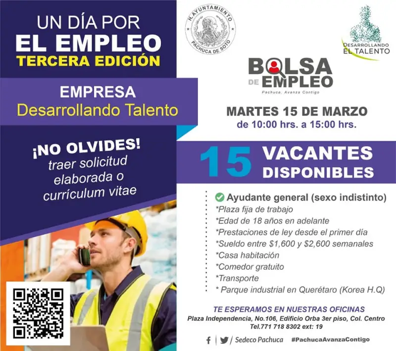 #Empleo: Empresa ofrecerá en Pachuca vacantes con prestaciones, hospedaje y transporte