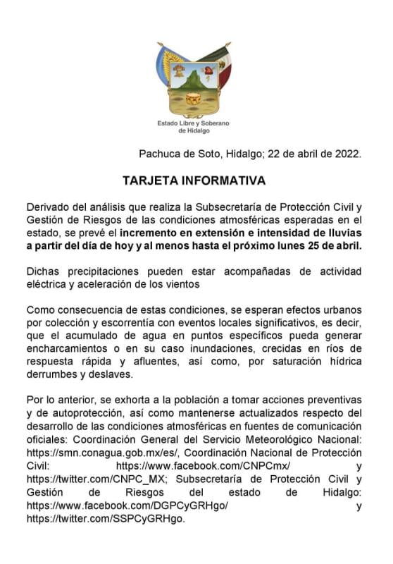 Autoridades alertan por incremento de lluvias en Hidalgo: podrían ocasionar inundaciones