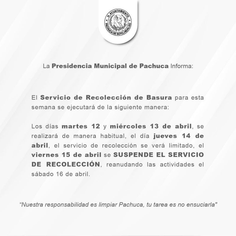 Suspenderán servicio de recolección de basura en Pachuca