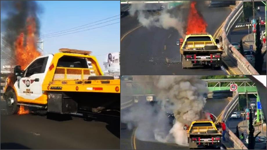Arde grúa cerca del puente atirantado de Pachuca (fotos y video)