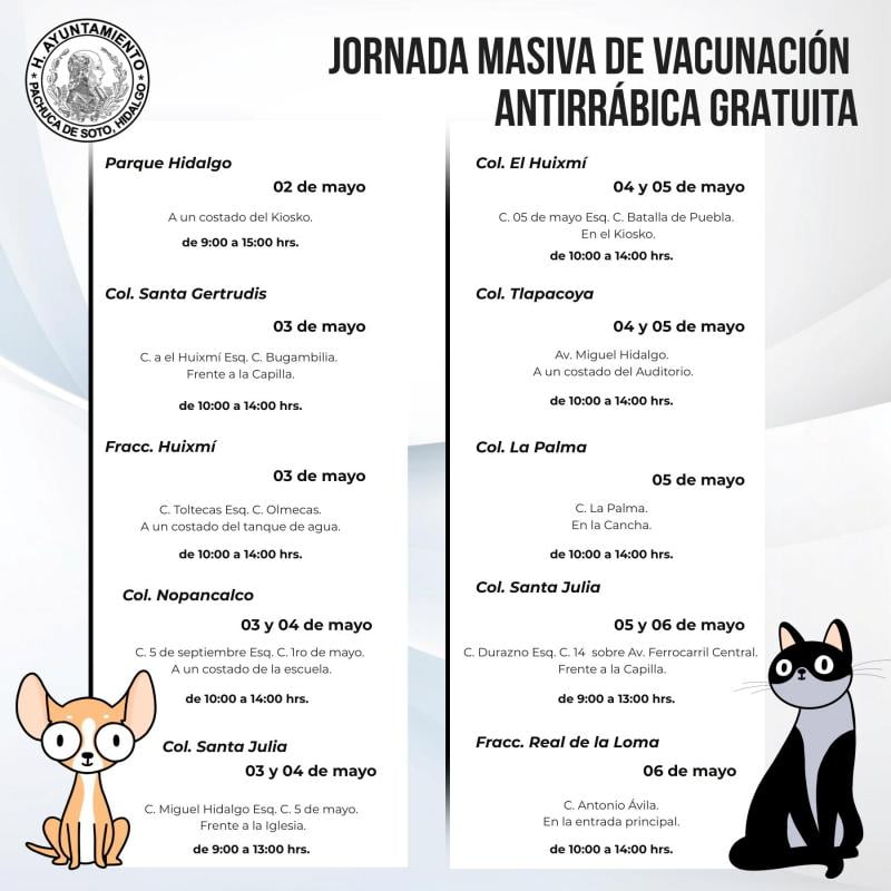 Jornada de vacunación antirrábica gratuita en Pachuca llegará a más de 30 colonias