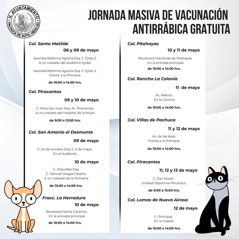 Jornada de vacunación antirrábica gratuita en Pachuca llegará a más de 30 colonias