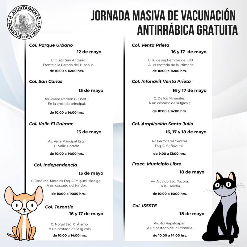 Jornada de vacunación antirrábica gratuita en Pachuca llegará a más de 30 colonias