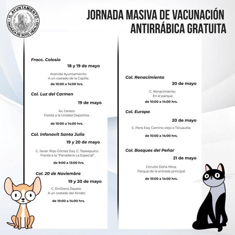 Jornada de vacunación antirrábica gratuita en Pachuca llegará a más de 30 colonias