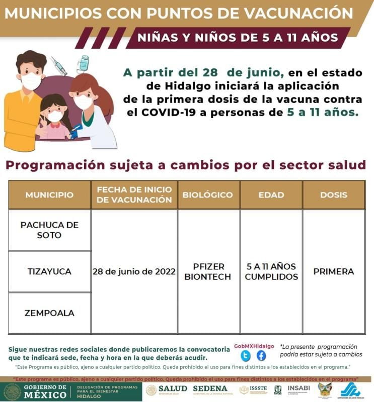 El 28 de junio inicia en Pachuca vacunación anticovid para niñas y niños de 5 a 11 años