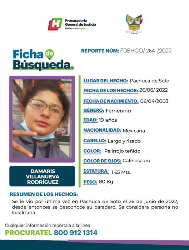 Piden ayuda para localizar a joven desaparecida en Pachuca